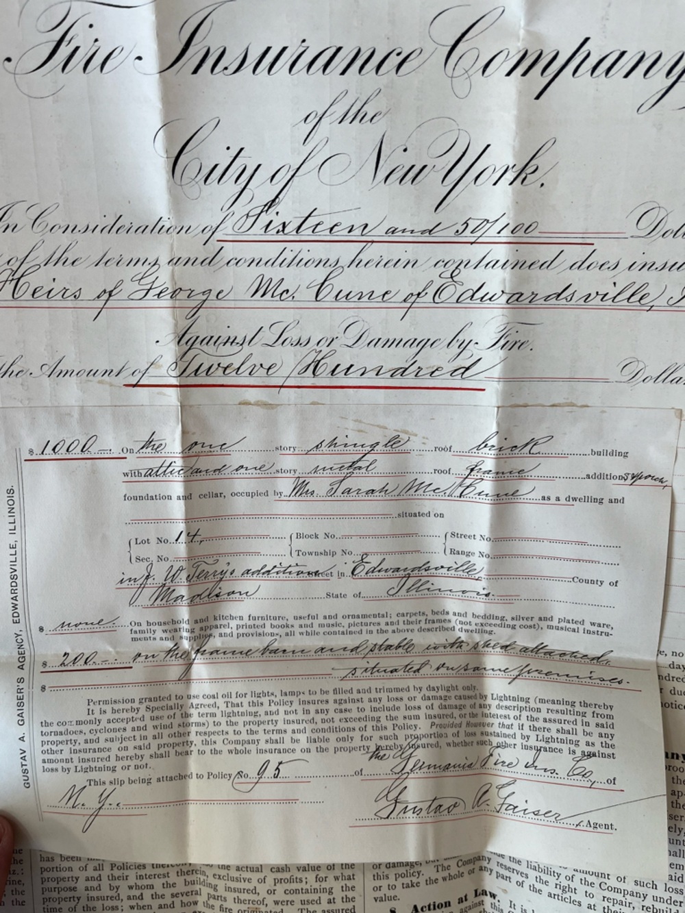 Original 1892 Germania Fire Insurance Policy - Picture 14 of 16